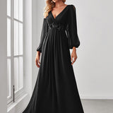 ever AMOUR|Robe de Soiree Longue Elegante Avec Lanterne en V Profond a Manches Fendues et Appliques