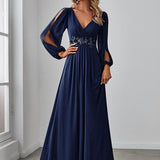 ever AMOUR|Robe de Soiree Longue Elegante Avec Lanterne en V Profond a Manches Fendues et Appliques