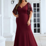 ever SLOANE|Robe de Soirée Sirène Moulante Sexy à Col en V et Manches évasée