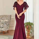 ever SLOANE|Robe de Soirée Sirène Moulante Sexy à Col en V et Manches évasée