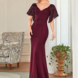 ever SLOANE|Robe de Soirée Sirène Moulante Sexy à Col en V et Manches évasée