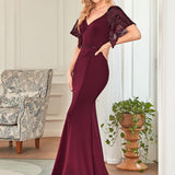 ever SLOANE|Robe de Soirée Sirène Moulante Sexy à Col en V et Manches évasée