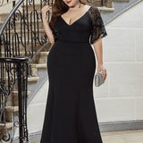 ever SLOANE|Robe de Soirée Sirène Moulante Sexy à Col en V et Manches évasée