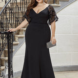 ever SLOANE|Robe de Soirée Sirène Moulante Sexy à Col en V et Manches évasée