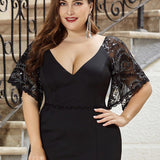 ever SLOANE|Robe de Soirée Sirène Moulante Sexy à Col en V et Manches évasée