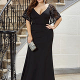 ever SLOANE|Robe de Soirée Sirène Moulante Sexy à Col en V et Manches évasée