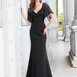 ever SLOANE|Robe de Soirée Sirène Moulante Sexy à Col en V et Manches évasée