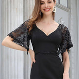 ever SLOANE|Robe de Soirée Sirène Moulante Sexy à Col en V et Manches évasée