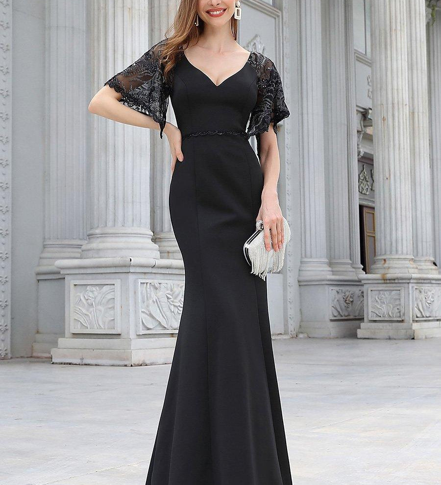 ever SLOANE|Robe de Soirée Sirène Moulante Sexy à Col en V et Manches évasée