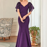 ever SLOANE|Robe de Soirée Sirène Moulante Sexy à Col en V et Manches évasée