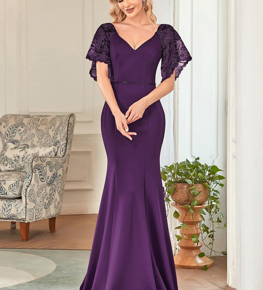 ever SLOANE|Robe de Soirée Sirène Moulante Sexy à Col en V et Manches évasée