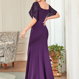 ever SLOANE|Robe de Soirée Sirène Moulante Sexy à Col en V et Manches évasée
