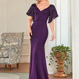 ever SLOANE|Robe de Soirée Sirène Moulante Sexy à Col en V et Manches évasée