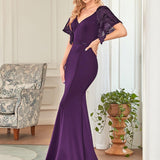 ever SLOANE|Robe de Soirée Sirène Moulante Sexy à Col en V et Manches évasée