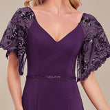 ever SLOANE|Robe de Soirée Sirène Moulante Sexy à Col en V et Manches évasée