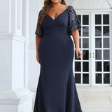 ever SLOANE|Robe de Soirée Sirène Moulante Sexy à Col en V et Manches évasée