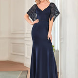ever SLOANE|Robe de Soirée Sirène Moulante Sexy à Col en V et Manches évasée