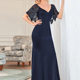 ever SLOANE|Robe de Soirée Sirène Moulante Sexy à Col en V et Manches évasée