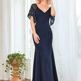 ever SLOANE|Robe de Soirée Sirène Moulante Sexy à Col en V et Manches évasée