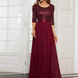 ever FLORENCE|Robe de soirée élégante à encolure ronde et à manches 3/4 en patchwork de sequins