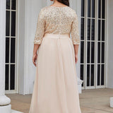 ever FLORENCE|Robe de soirée élégante à encolure ronde et à manches 3/4 en patchwork de sequins
