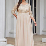 ever FLORENCE|Robe de soirée élégante à encolure ronde et à manches 3/4 en patchwork de sequins