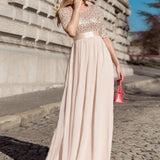 ever FLORENCE|Robe de soirée élégante à encolure ronde et à manches 3/4 en patchwork de sequins