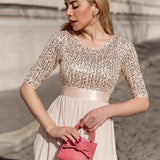 ever FLORENCE|Robe de soirée élégante à encolure ronde et à manches 3/4 en patchwork de sequins