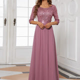 ever FLORENCE|Robe de soirée élégante à encolure ronde et à manches 3/4 en patchwork de sequins