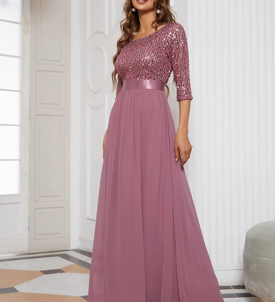 ever FLORENCE|Robe de soirée élégante à encolure ronde et à manches 3/4 en patchwork de sequins