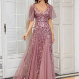 ever ASTRAL|Robe de Soirée Longue Romantique et Scintillante à Col V et Pailletes