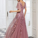 ever ASTRAL|Robe de Soirée Longue Romantique et Scintillante à Col V et Pailletes