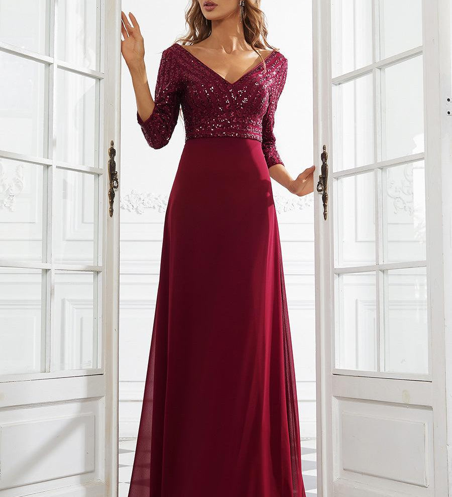 ever LUENA|Robe Longue Sensuelle Col en V Paillettes Manches 3/4