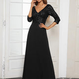 ever LUENA|Robe Longue Sensuelle Col en V Paillettes Manches 3/4