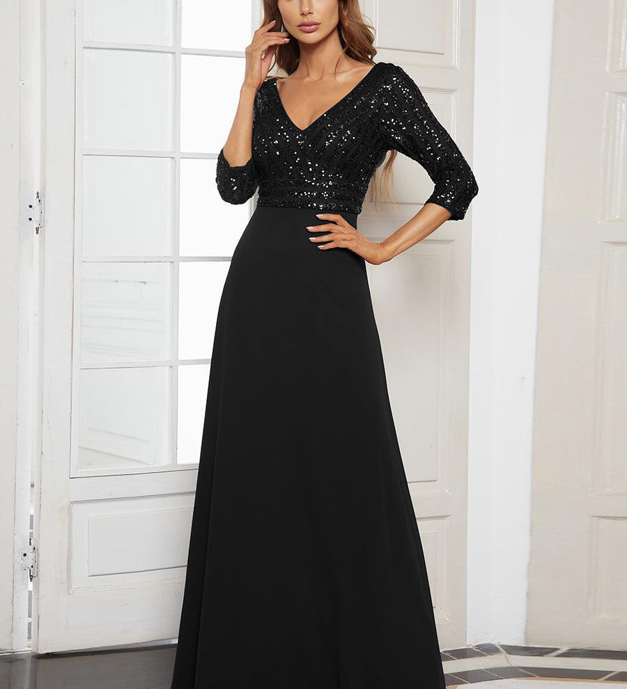 ever LUENA|Robe Longue Sensuelle Col en V Paillettes Manches 3/4