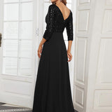ever LUENA|Robe Longue Sensuelle Col en V Paillettes Manches 3/4