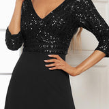 ever LUENA|Robe Longue Sensuelle Col en V Paillettes Manches 3/4