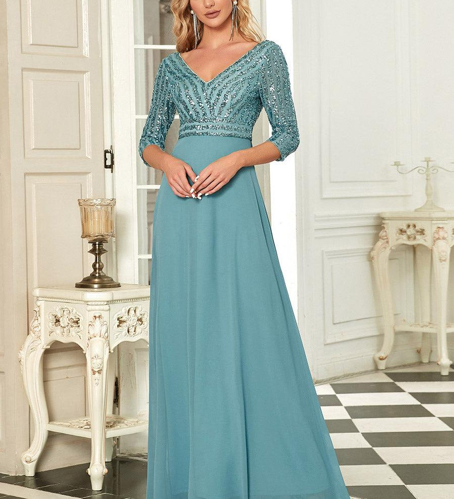 ever LUENA|Robe Longue Sensuelle Col en V Paillettes Manches 3/4