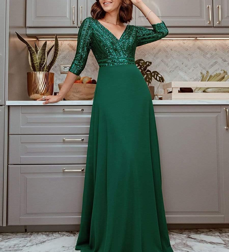 ever LUENA|Robe Longue Sensuelle Col en V Paillettes Manches 3/4