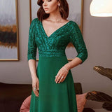 ever LUENA|Robe Longue Sensuelle Col en V Paillettes Manches 3/4