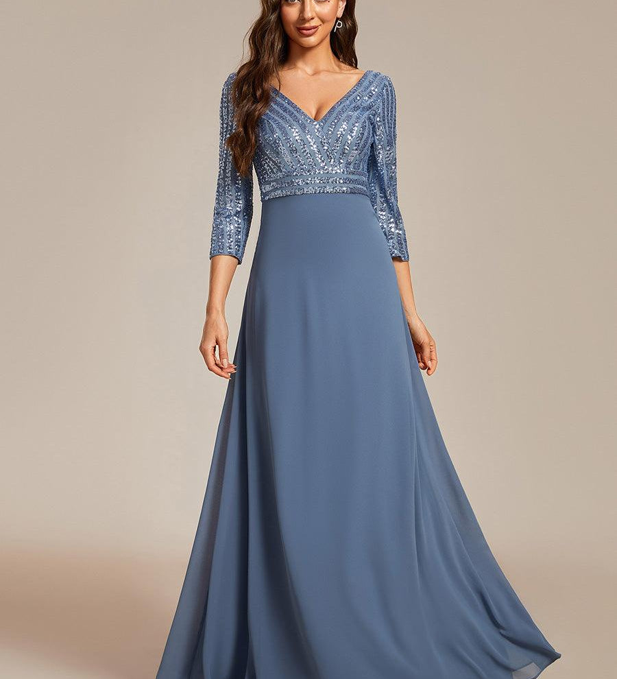 ever LUENA|Robe Longue Sensuelle Col en V Paillettes Manches 3/4