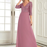 ever LUENA|Robe Longue Sensuelle Col en V Paillettes Manches 3/4