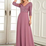ever LUENA|Robe Longue Sensuelle Col en V Paillettes Manches 3/4