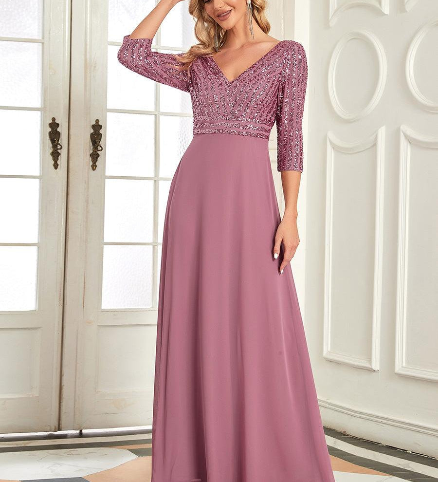 ever LUENA|Robe Longue Sensuelle Col en V Paillettes Manches 3/4
