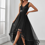 ever SASHIA|Robe de Cocktail en Tulle à Paillettes Haut Bas Ourlet Asymétrique