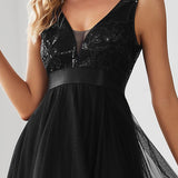 ever SASHIA|Robe de Cocktail en Tulle à Paillettes Haut Bas Ourlet Asymétrique