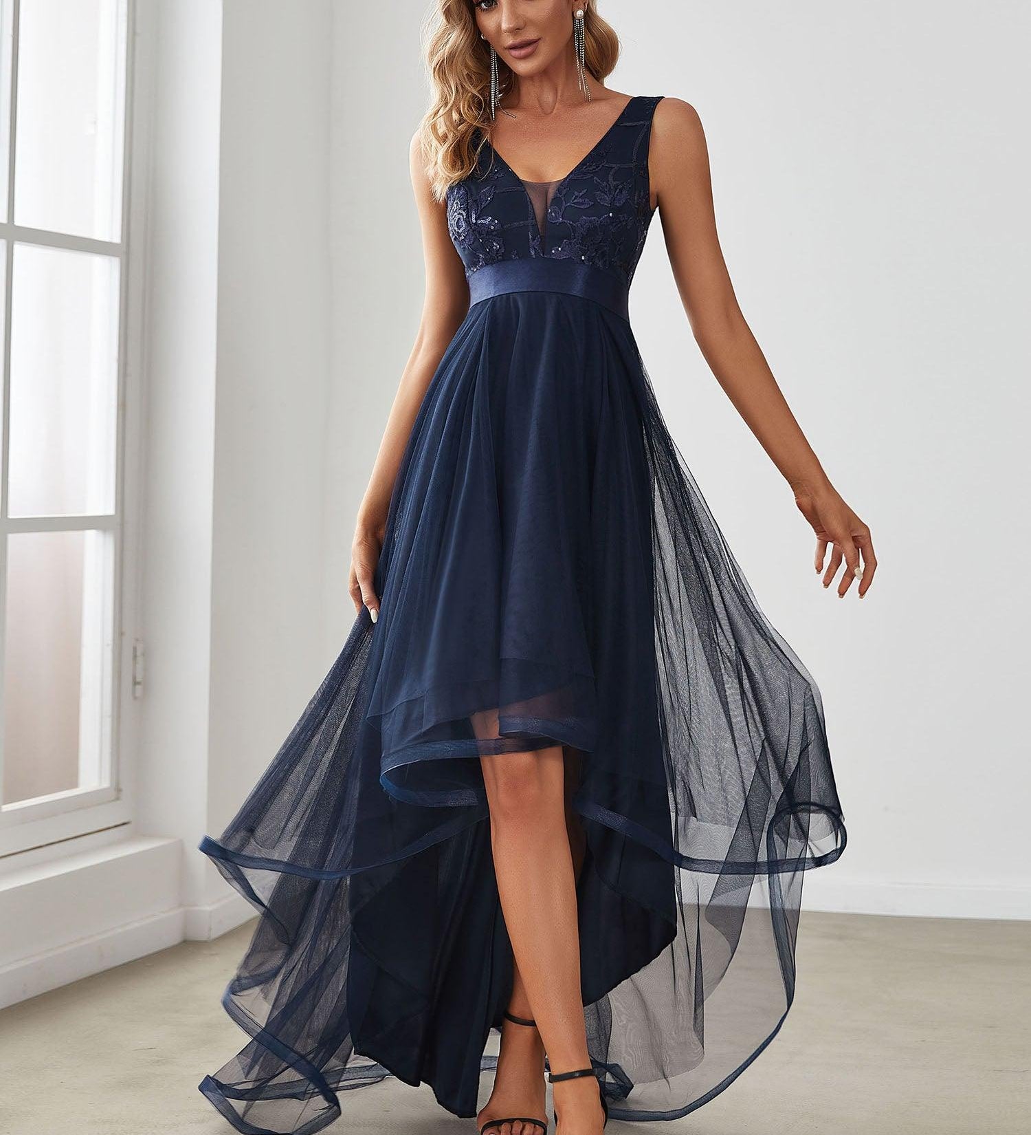 ever SASHIA|Robe de Cocktail en Tulle à Paillettes Haut Bas Ourlet Asymétrique
