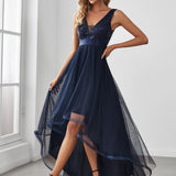 ever SASHIA|Robe de Cocktail en Tulle à Paillettes Haut Bas Ourlet Asymétrique