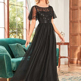 ever SAPHIR|Robes de soirée brodées à manches courtes A-Line pour femmes