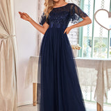 ever SAPHIR|Robes de soirée brodées à manches courtes A-Line pour femmes